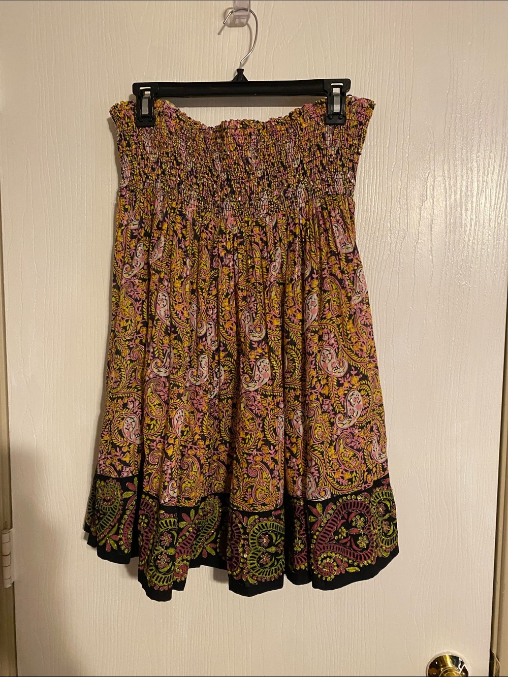 Temptations Smocked Waist Paisley Skater Skirt in Pink, Yellow & Black